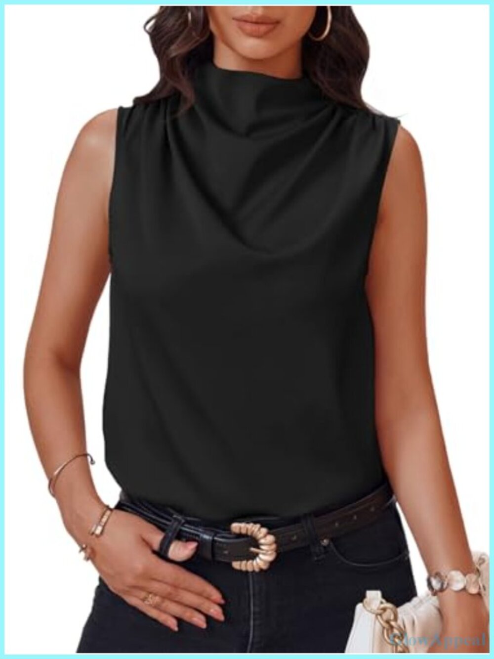 Women Satin Mock Neck Tank Top Sleeveless Ruched Business Casual Blouse